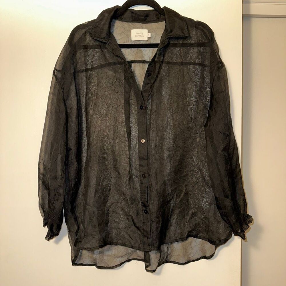 Things Between Small Sheer Crinkle Black Collared Button Down Shirt Gently Worn